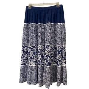 Cathy Daniels Navy and White Floral Tiered Cottagecore Midi Skirt Size Large